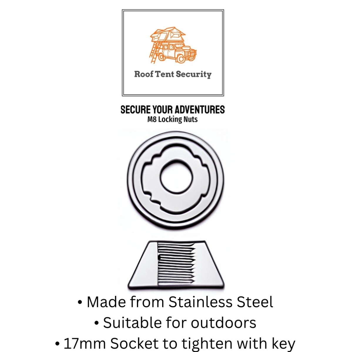 8 x M8 HIGH SECURITY TentBox/Roof
Tent Anti-Theft Locking Nuts
Tamperproof Set