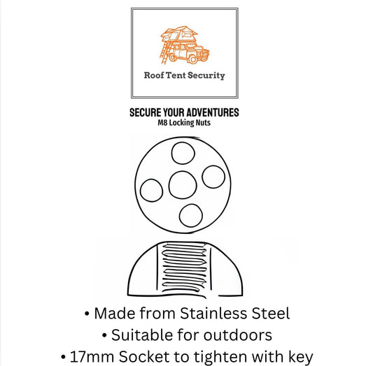 8 x M8 Fits OEX Vertex Lite 130 Roof Tent Anti-Theft Security Nuts And Alarm + Holder BUNDLE