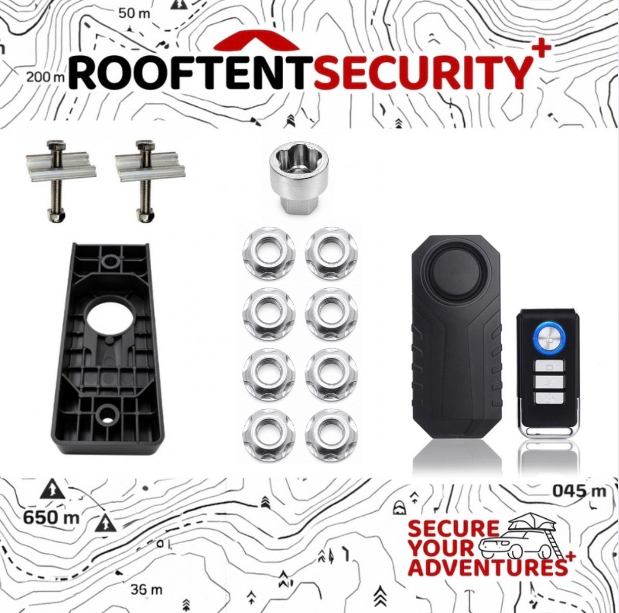 8 x M8 Fits TentBox/Roof Tent Anti-Theft Security Nuts And Alarm + Holder BUNDLE