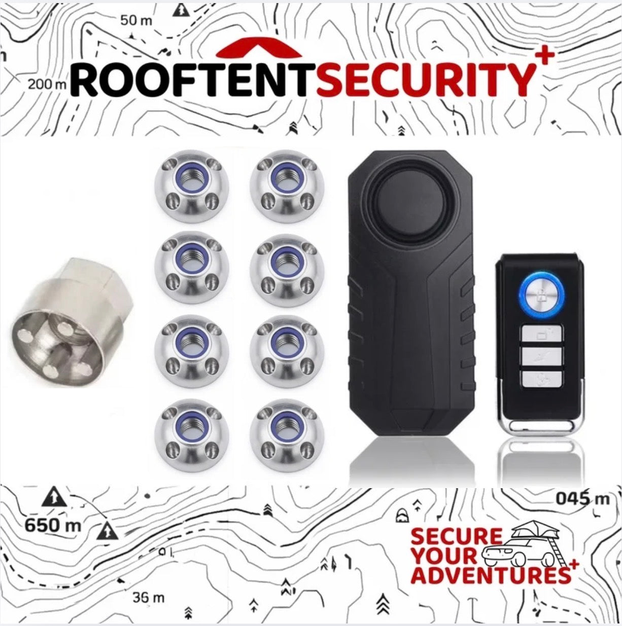 8 x M8 Fits TentBox/Roof Tent Anti-Theft Security Nuts And Alarm + Holder BUNDLE
